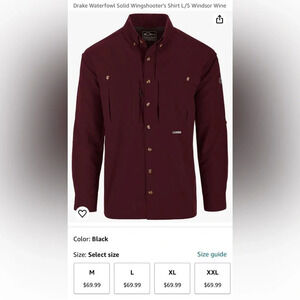 Drake Men’s Waterfowl Solid Wingshooter’s L/S Shirt Windsor Wine Size Small